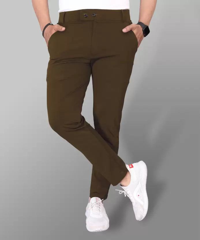 Men Slim Fit Khaki Lycra Blend Trousers