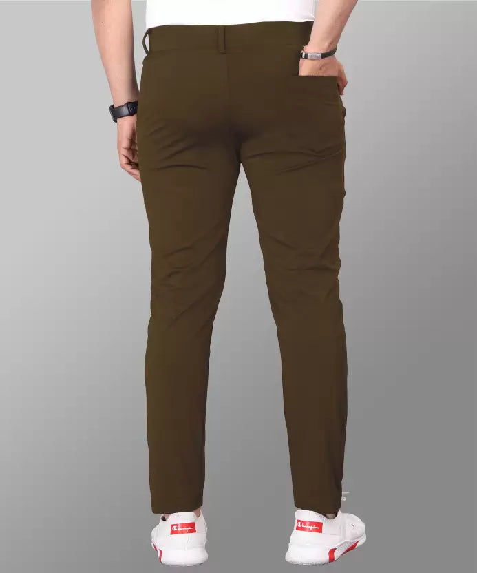 Men Slim Fit Khaki Lycra Blend Trousers