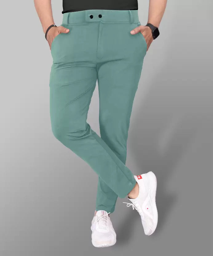 Men Slim Fit Khaki Lycra Blend Trousers