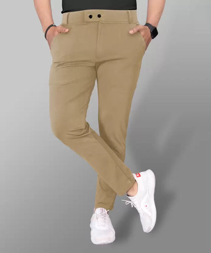 Men Slim Fit Khaki Lycra Blend Trousers