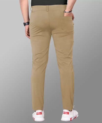 Men Slim Fit Khaki Lycra Blend Trousers