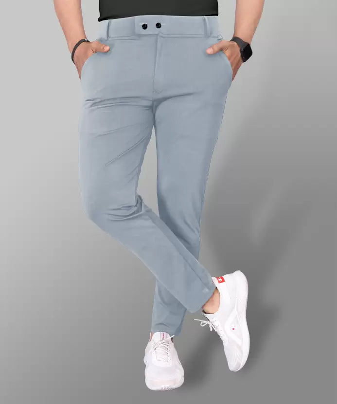 Men Slim Fit Khaki Lycra Blend Trousers