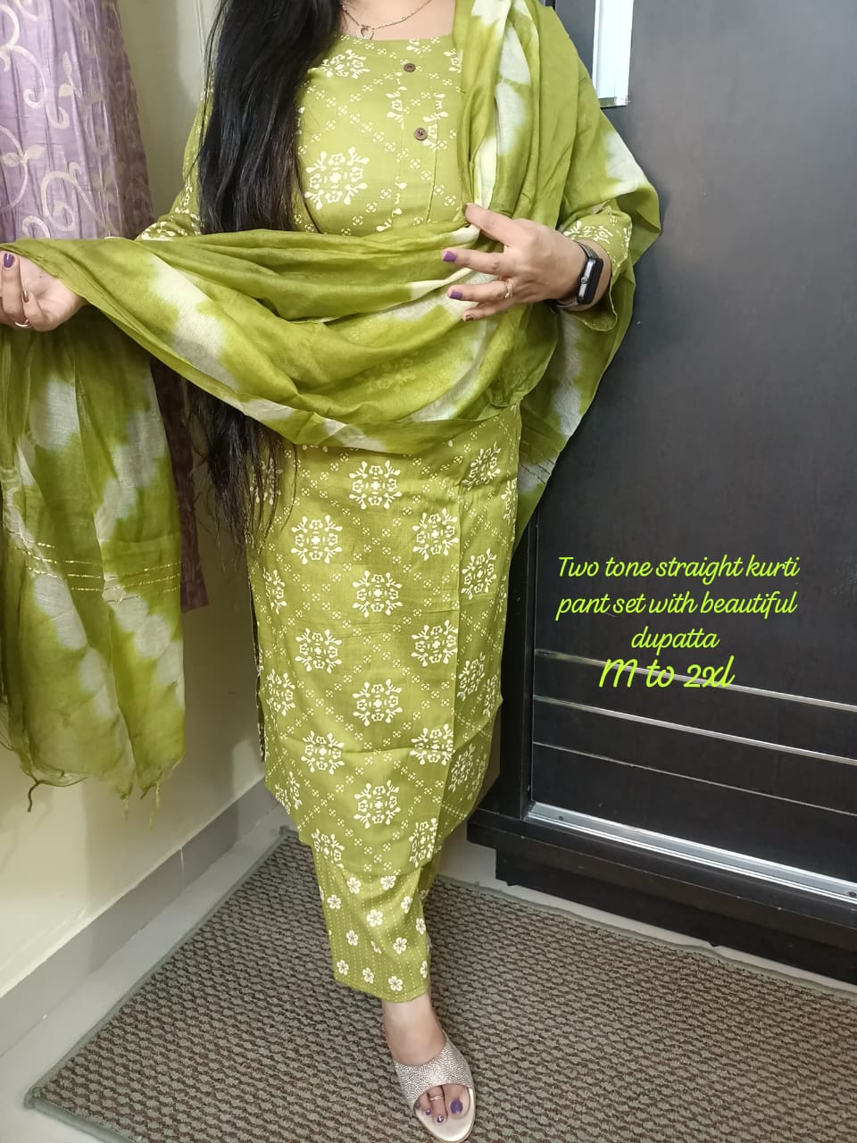 Two tone straight kurti pant set with fine shade dupatta