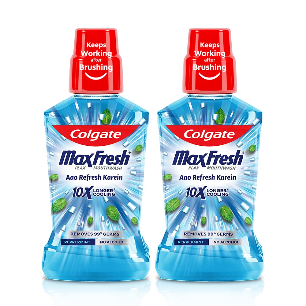 Colgate Maxfresh Plax Antibacterial Mouthwash, 24/7 Fresh Breath, Alcohol Free Mouth Wash Liquid for Bad Breath - 500ml Pepper Mint (Complete Oral Care)