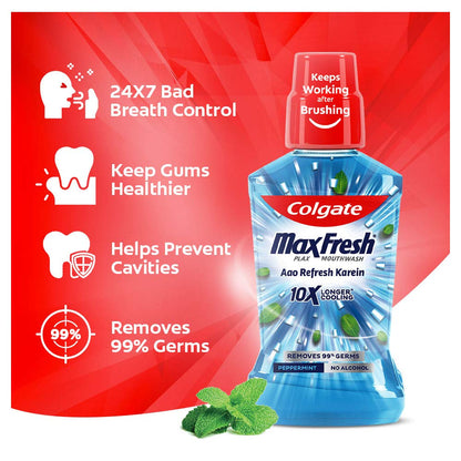 Colgate Maxfresh Plax Antibacterial Mouthwash, 24/7 Fresh Breath, Alcohol Free Mouth Wash Liquid for Bad Breath - 500ml Pepper Mint (Complete Oral Care)