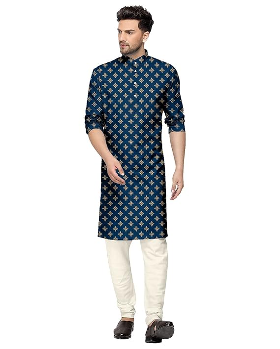 weltpocket Men's Cotton Blend Foil Print Kurta Pajama Set