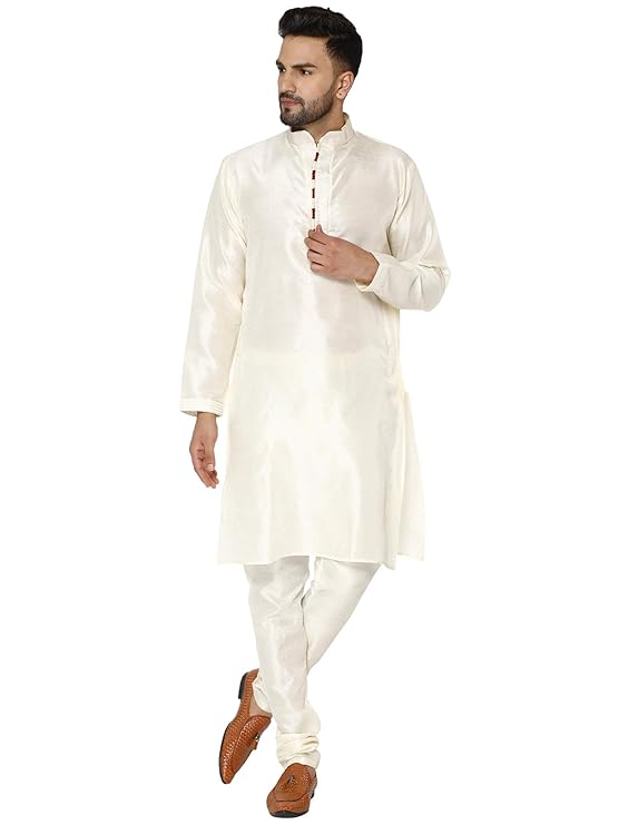 SKAVIJ Men Dupion Silk Thread Work Kurta With Churidar Pyjamas