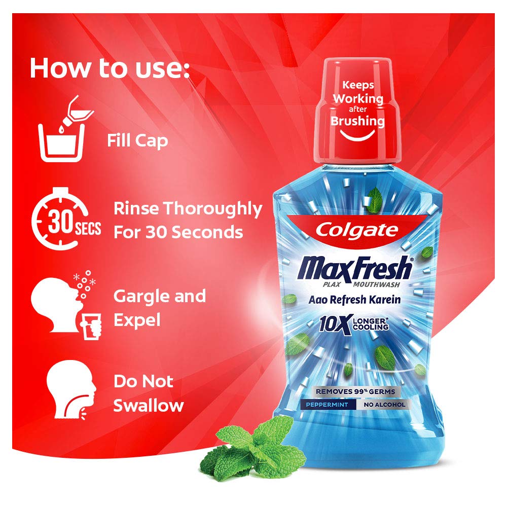 Colgate Maxfresh Plax Antibacterial Mouthwash, 24/7 Fresh Breath, Alcohol Free Mouth Wash Liquid for Bad Breath - 500ml Pepper Mint (Complete Oral Care)