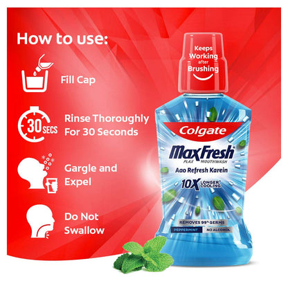 Colgate Maxfresh Plax Antibacterial Mouthwash, 24/7 Fresh Breath, Alcohol Free Mouth Wash Liquid for Bad Breath - 500ml Pepper Mint (Complete Oral Care)