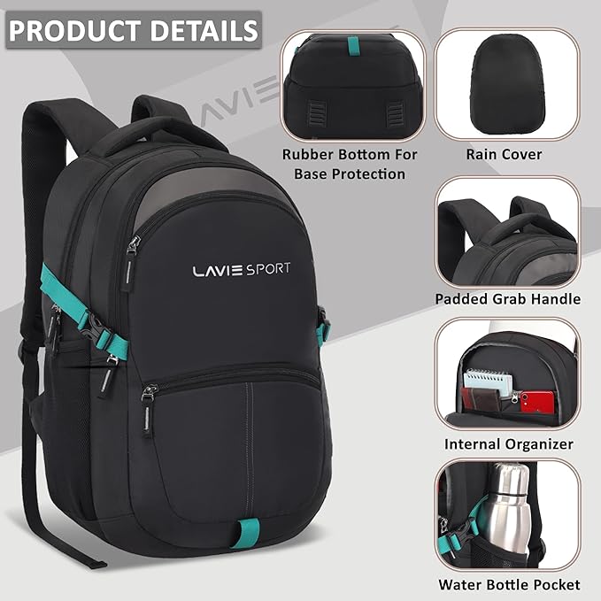 Lavie Sport Laptop backpack 29 litres Casual Bag with Padded Laptop Sleeve for Men & Women | Rain Cover Backpack for Boys & Girls