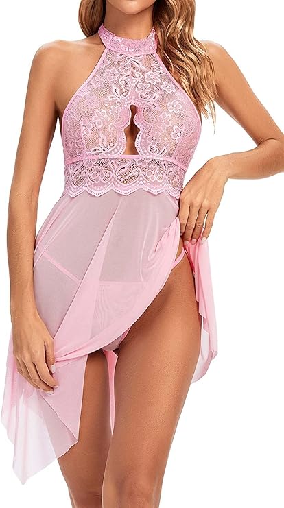 Women’s Lace Keyhole Front Sleeveless Babydoll Lingerie Set with Thong Panty in Net Fabric Female Wedding Nightgown for Honeymoon and Anniversary