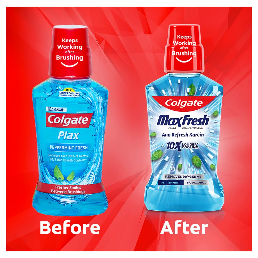 Colgate Maxfresh Plax Antibacterial Mouthwash, 24/7 Fresh Breath, Alcohol Free Mouth Wash Liquid for Bad Breath - 500ml Pepper Mint (Complete Oral Care)