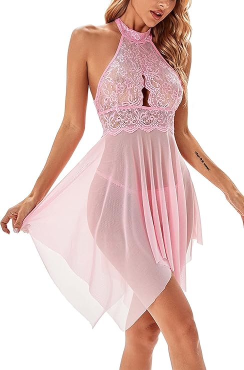 Women’s Lace Keyhole Front Sleeveless Babydoll Lingerie Set with Thong Panty in Net Fabric Female Wedding Nightgown for Honeymoon and Anniversary