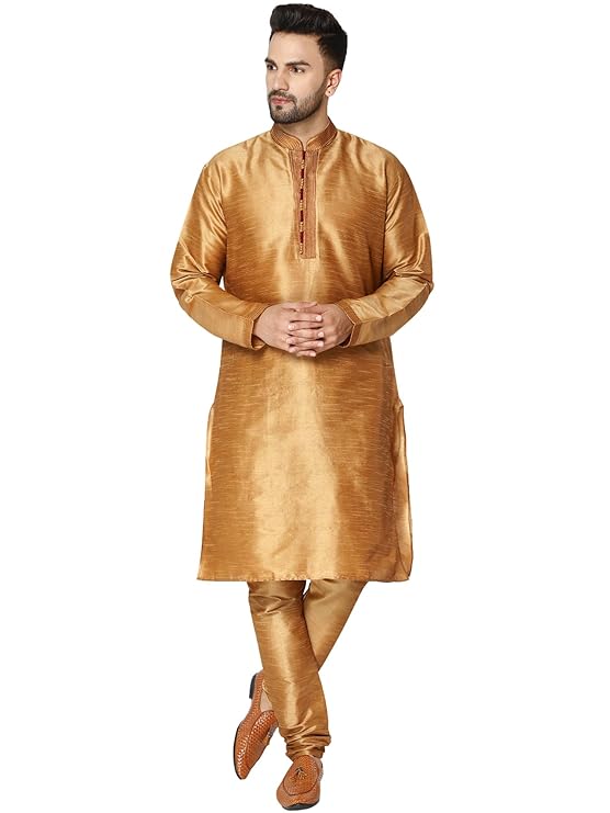 SKAVIJ Men Dupion Silk Thread Work Kurta With Churidar Pyjamas