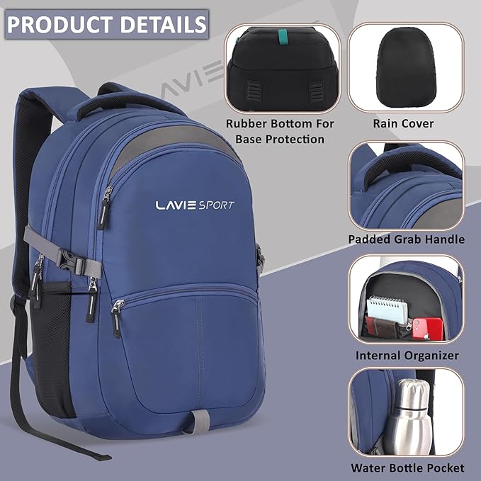 Lavie Sport Laptop backpack 29 litres Casual Bag with Padded Laptop Sleeve for Men & Women | Rain Cover Backpack for Boys & Girls