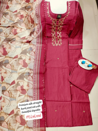 Silk straight kurti pant set with beautiful dupatta