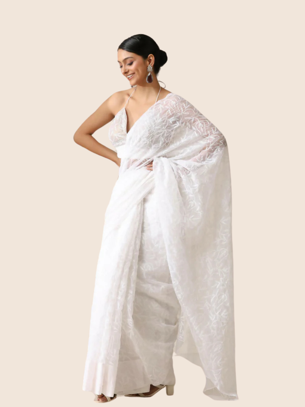 White Chikankari tepchi saree