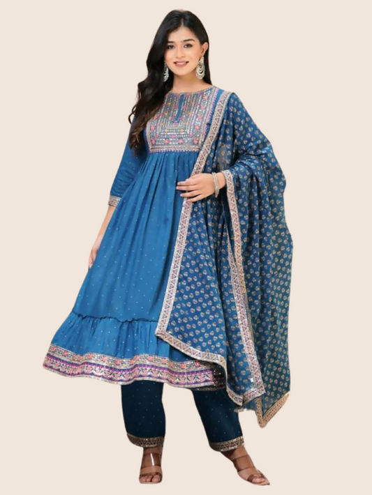 Teal Blue Color Rayon print kurti, pants and dupatta