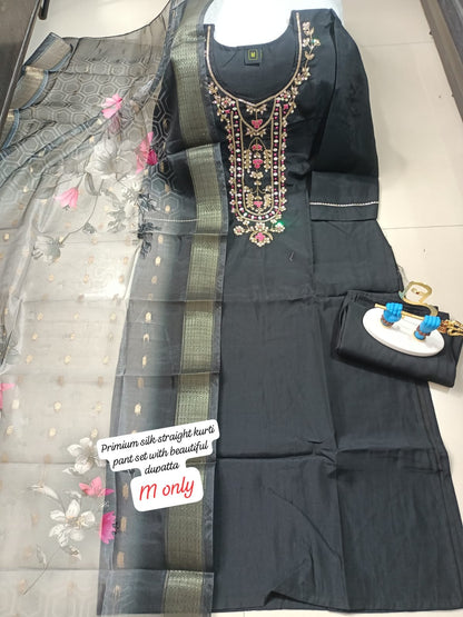 Silk straight kurti pant set with beautiful dupatta