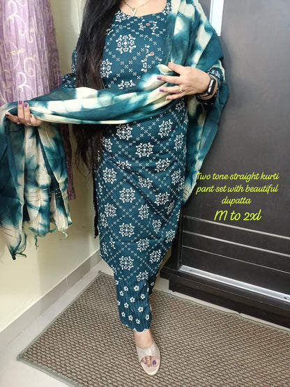 Two tone straight kurti pant set with fine shade dupatta