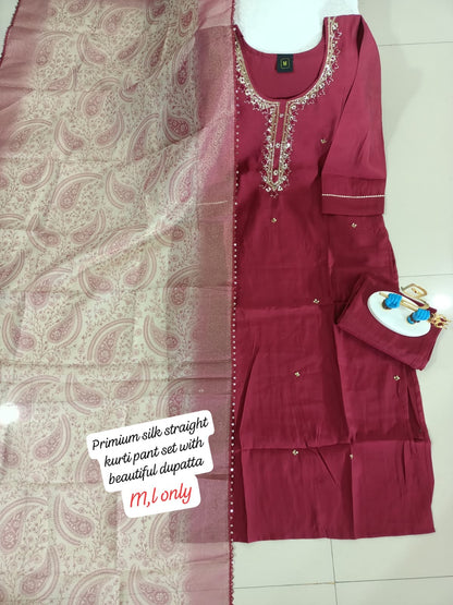 Silk straight kurti pant set with beautiful dupatta