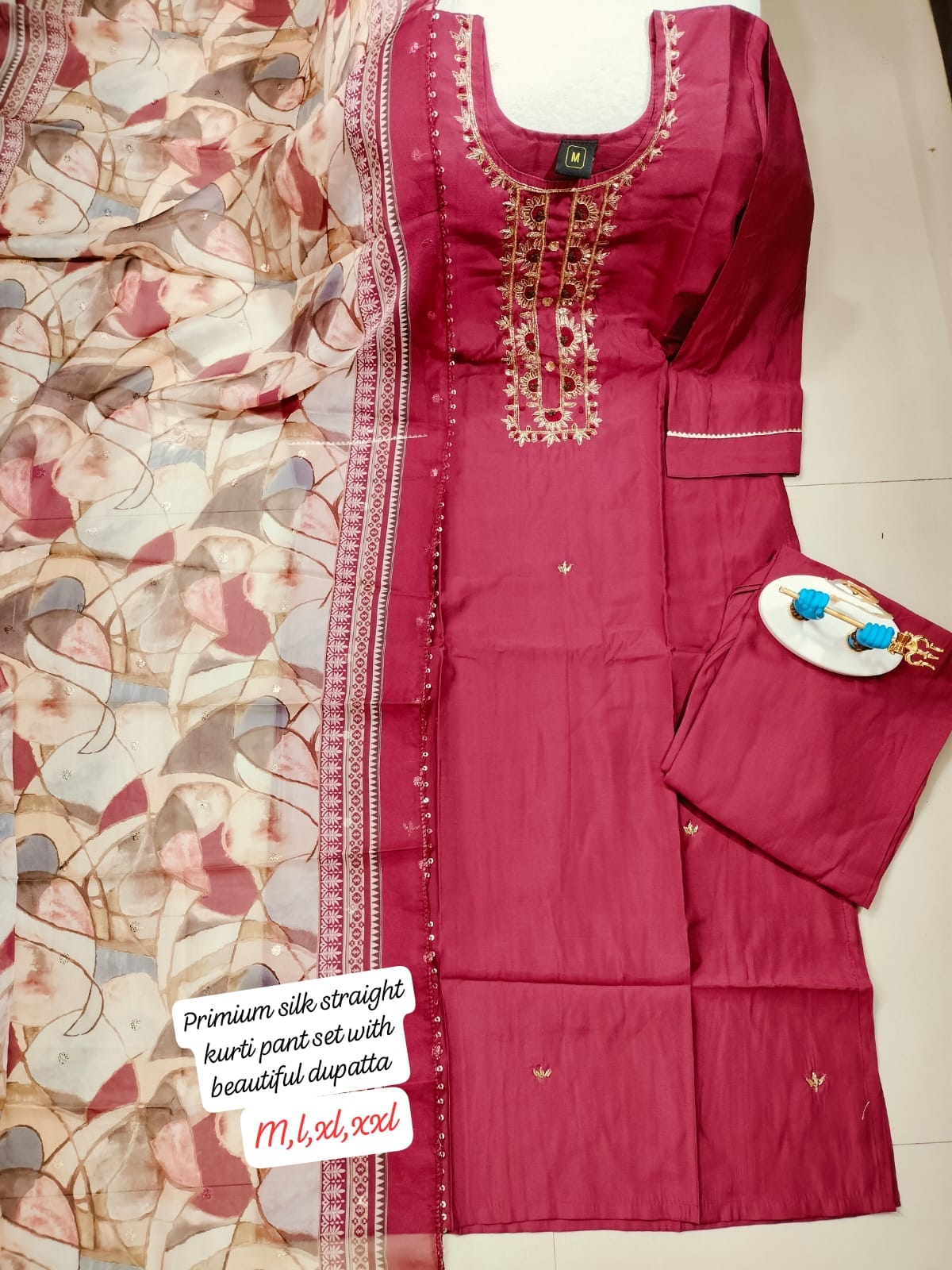 Silk straight kurti pant set with beautiful dupatta